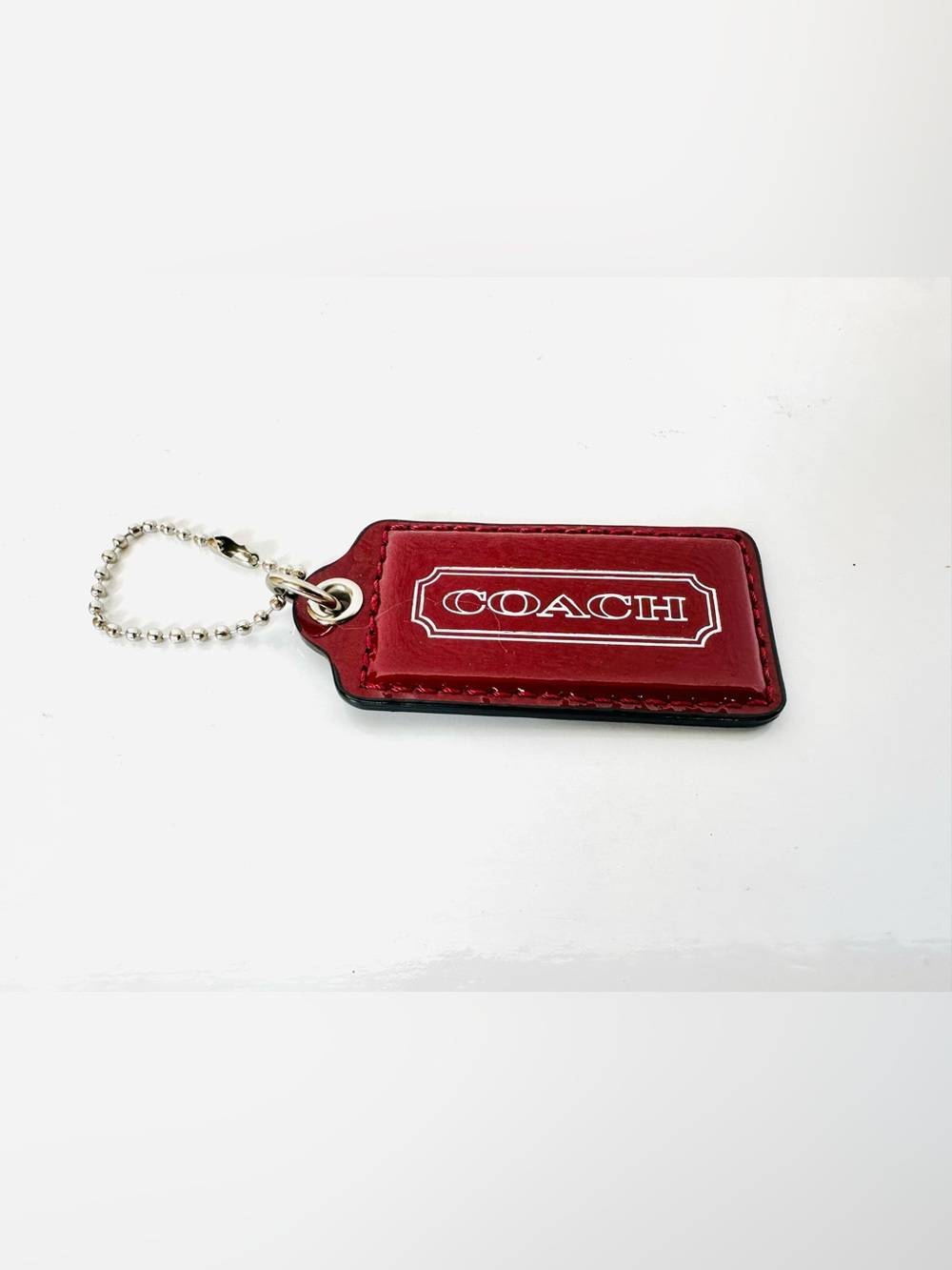 Coach Red Leather Logo Key Tag with Silver Ball Chain